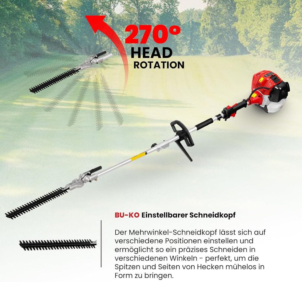 BU-KO 52cc Motorsense Benzin Gartengerät mit großer Reichweite: Benzin-Strimmer und Freischneider ausziehbare Benzin-Heckenschere -Kettensäge 3X 75cm Verlängerungsstangen, Werkzeugtasche