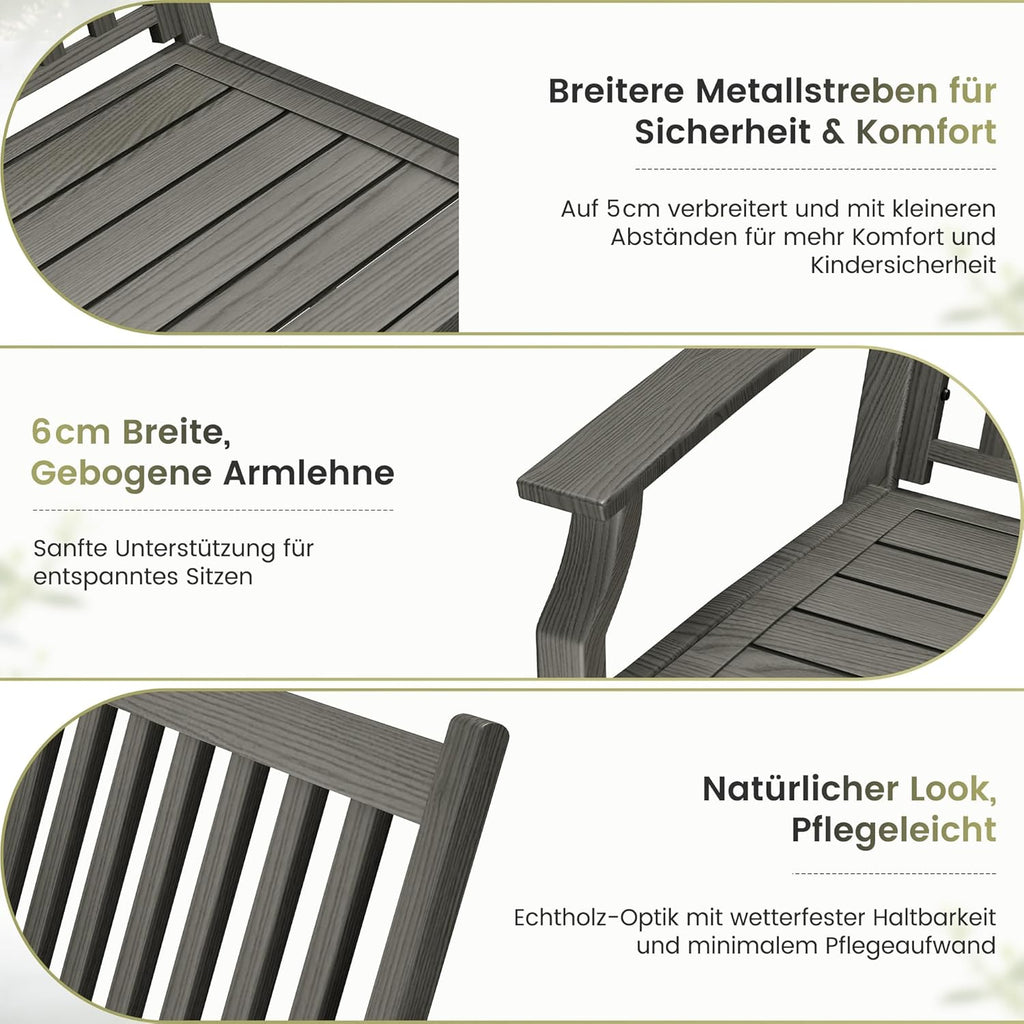 UDPATIO Gartenbank Metall in Holzoptik,Wetterfeste Sitzbank Outdoor, Bank 2–3 Sitzer für Balkon & Garten,Balkonmöbel mit Rücken & Armlehnen,Grau