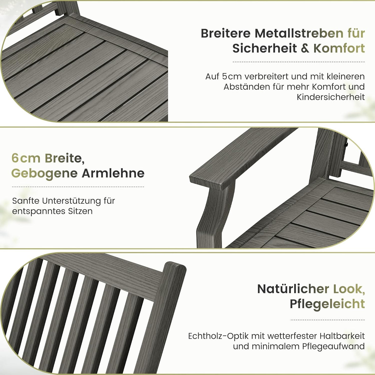 UDPATIO Gartenbank Metall in Holzoptik,Wetterfeste Sitzbank Outdoor, Bank 2–3 Sitzer für Balkon & Garten,Balkonmöbel mit Rücken & Armlehnen,Grau
