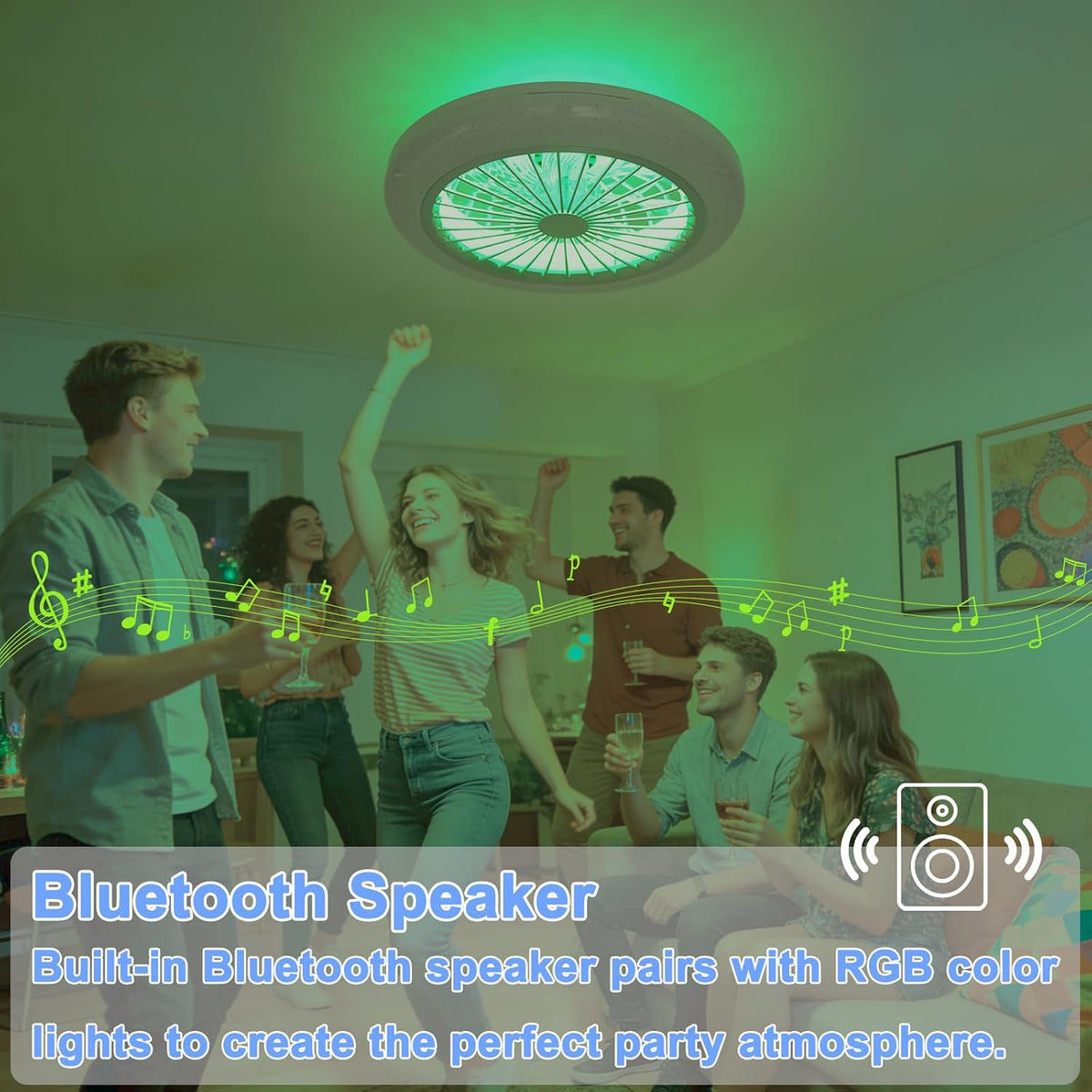 45cm Deckenventilator mit Beleuchtung Leise, LED RGB Deckenleuchte mit Ventilator und Fernbedienung Dimmbar, 6 Windstufen Reversibel, APP Timer mit Integrierter Lautsprecher für Schlafzimmer