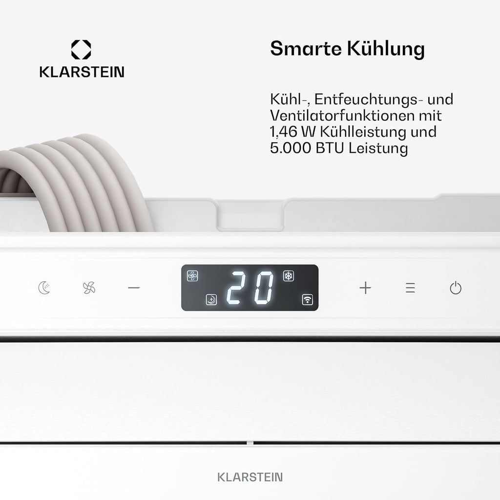 Klarstein Chillavan Mobile Klimaanlage – 5.000 BTU, Für Räume bis 20 m², 3-in-1: Klimaanlage, Luftentfeuchter & Ventilator, Energieeffizienzklasse A, App-Steuerung, Ideal für Wohnmobile