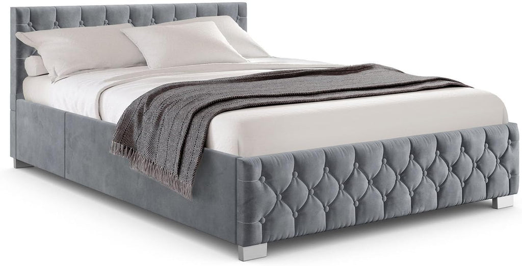 Juskys Polsterbett Nizza 120x200 cm Samt mit Stauraum, LED Beleuchtung & Lattenrost - Chesterfield Steppung & Kopfteil - Bett Bettgestell - Grau