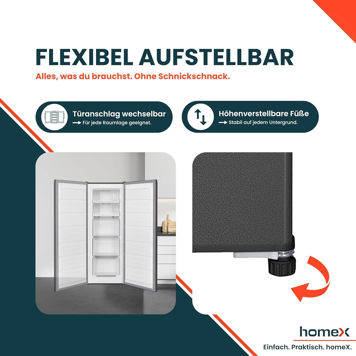 homeX Gefrierschrank NoFrost, Tiefkühlschrank groß - 161L Nutzinhalt, 4-Sterne Gefrieren, Freezer No Frost, Gefrierschränke freistehend, Super-Frost-Funktion, leise 39 dB, silber, FSN1611E-S