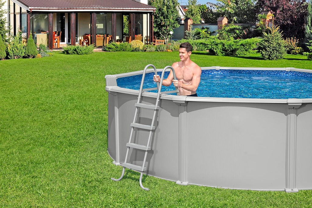 Bestway® Hydrium™ Stahlwandpool 457x122 cm rund – Komplett-Set Granitgrau mit Sandfilteranlage 6.056 l/h, Skimmer, Leiter, Abdeck- & Bodenplane, ChemConnect, 17.430 L, 365 Tage aufstellfähig