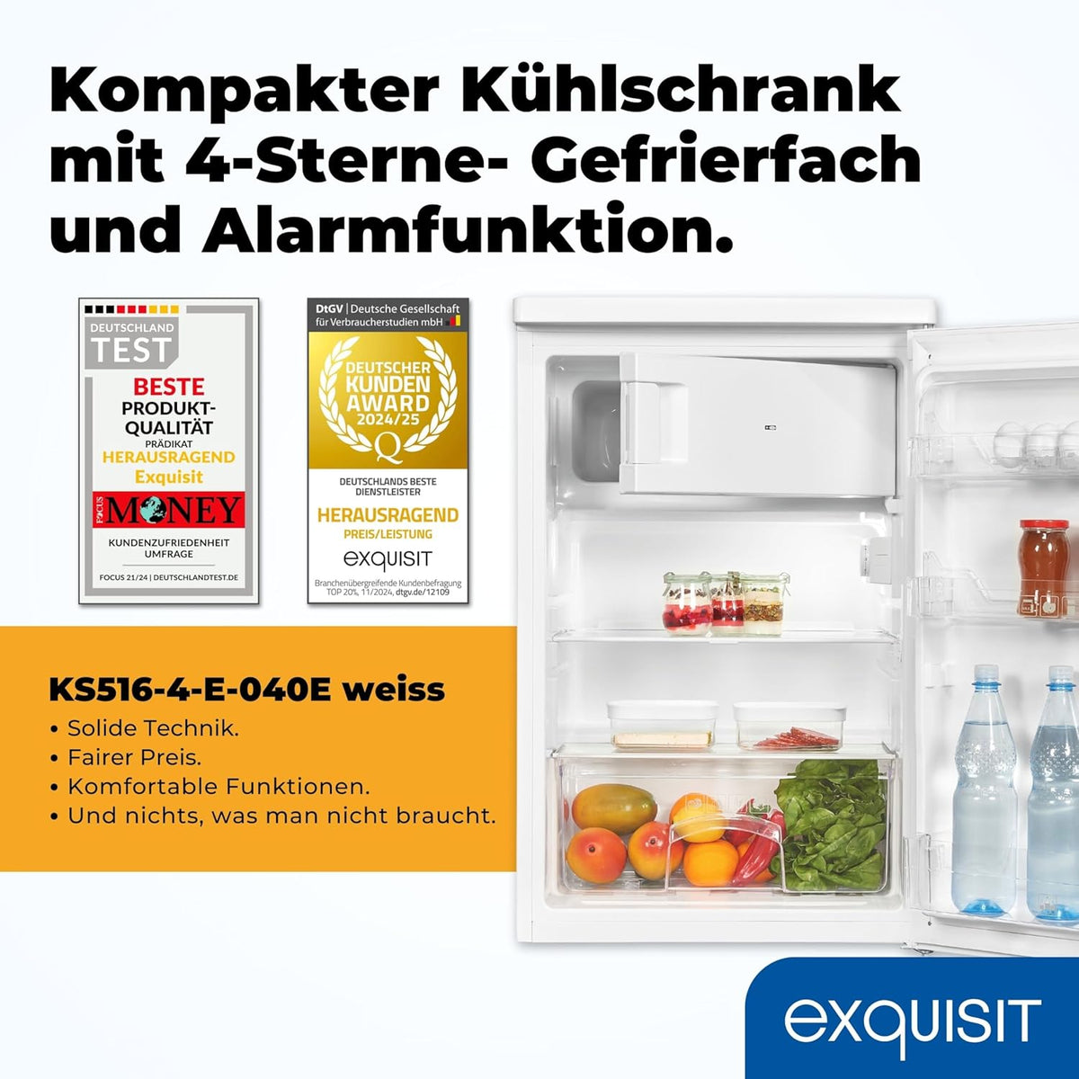 Exquisit Kühlschrank mit Gefrierfach, 109 Liter, kleiner Kühlschrank, 85 cm hoch, freistehend, Kompakt, KS516-4-E-040E weiss