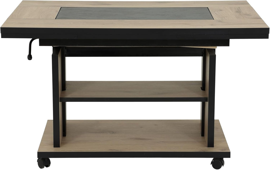 Hela Tische, Couchtisch mit 3 Funktionen Berlin, Dekor Artisan Eiche, Schieferplatteneinlage, Ausziehbar, Höhenverstellbar mit Lift, Kunststoff-Rollen mit Bremse