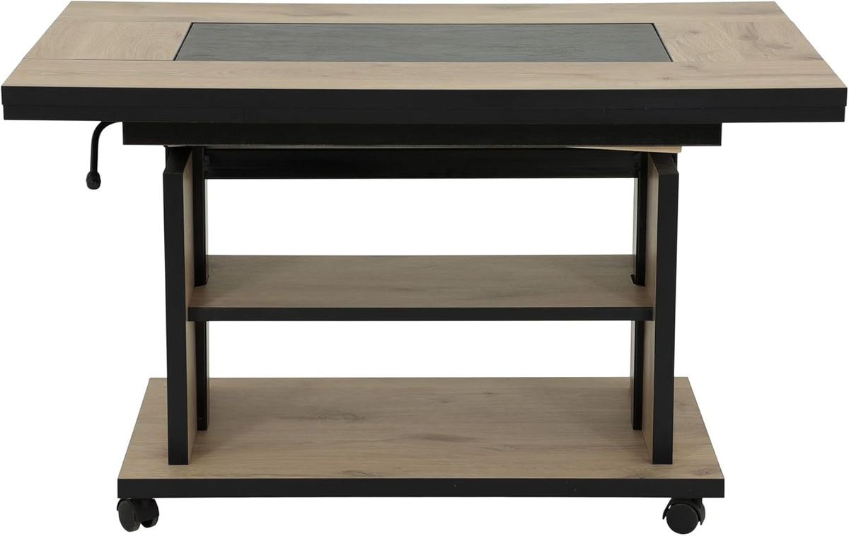 Hela Tische, Couchtisch mit 3 Funktionen Berlin, Dekor Artisan Eiche, Schieferplatteneinlage, Ausziehbar, Höhenverstellbar mit Lift, Kunststoff-Rollen mit Bremse