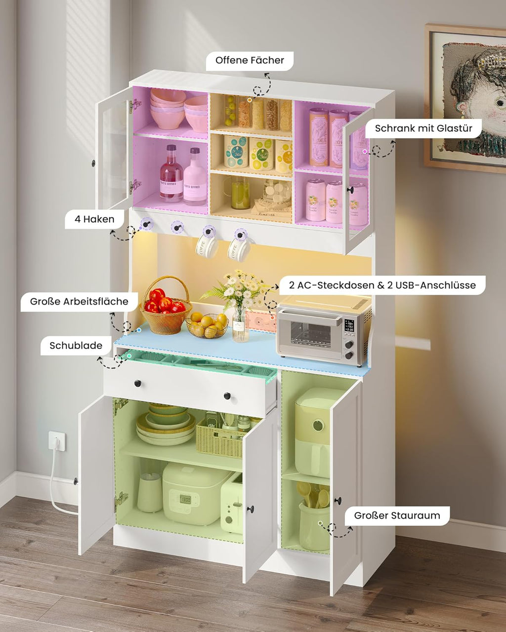 Küchenschrank mit Arbeitsplatte, Sideboard mit LED, Steckdose, Buffetschrank mit Schubladen, Verstellbaren Ablagen, Großer Stauraum, Küche, Wohnzimmer, Esszimmer, 103.5 * 40 * 180 cm, Weiß