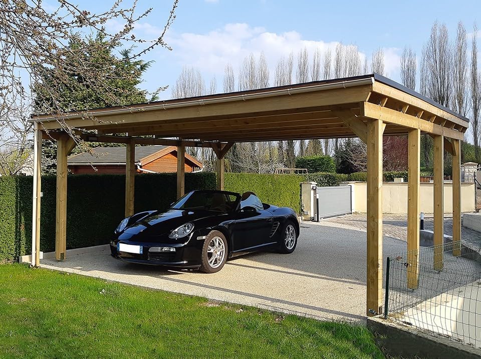 Holz-Carport CASTELLANE 558X555 Integrierte Bodenplatte - Holzdach + Bitumenpappe - Carport - Autoklav - 2 Autos