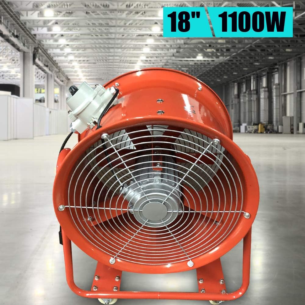 Bauventilator, EX-Explosionsgeschützter Axiallüfter 1100W 450mm, Industrieventilator mit 150m³/min für Werkstatt-Absaugung und Baustelle, Stahlbauweise mit 4 Rädern und Schutzkorb