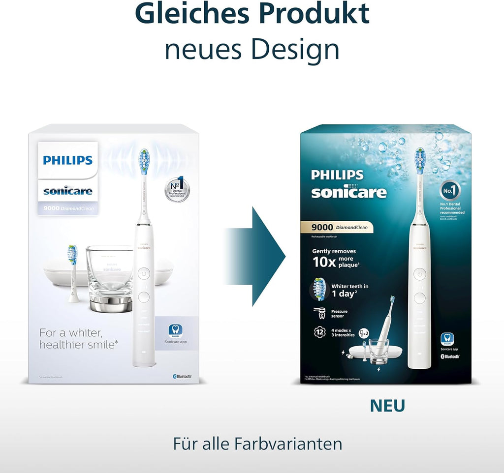 Sonicare DiamondClean 9000 elektrische Zahnbürste, Schallzahnbürste mit App, Andruckkontrolle, 4 Putzmodi, 3 Intensitätsstufen, Ladeglas, Schwarz und Roségold, Zweierpack, Modell HX9914/57