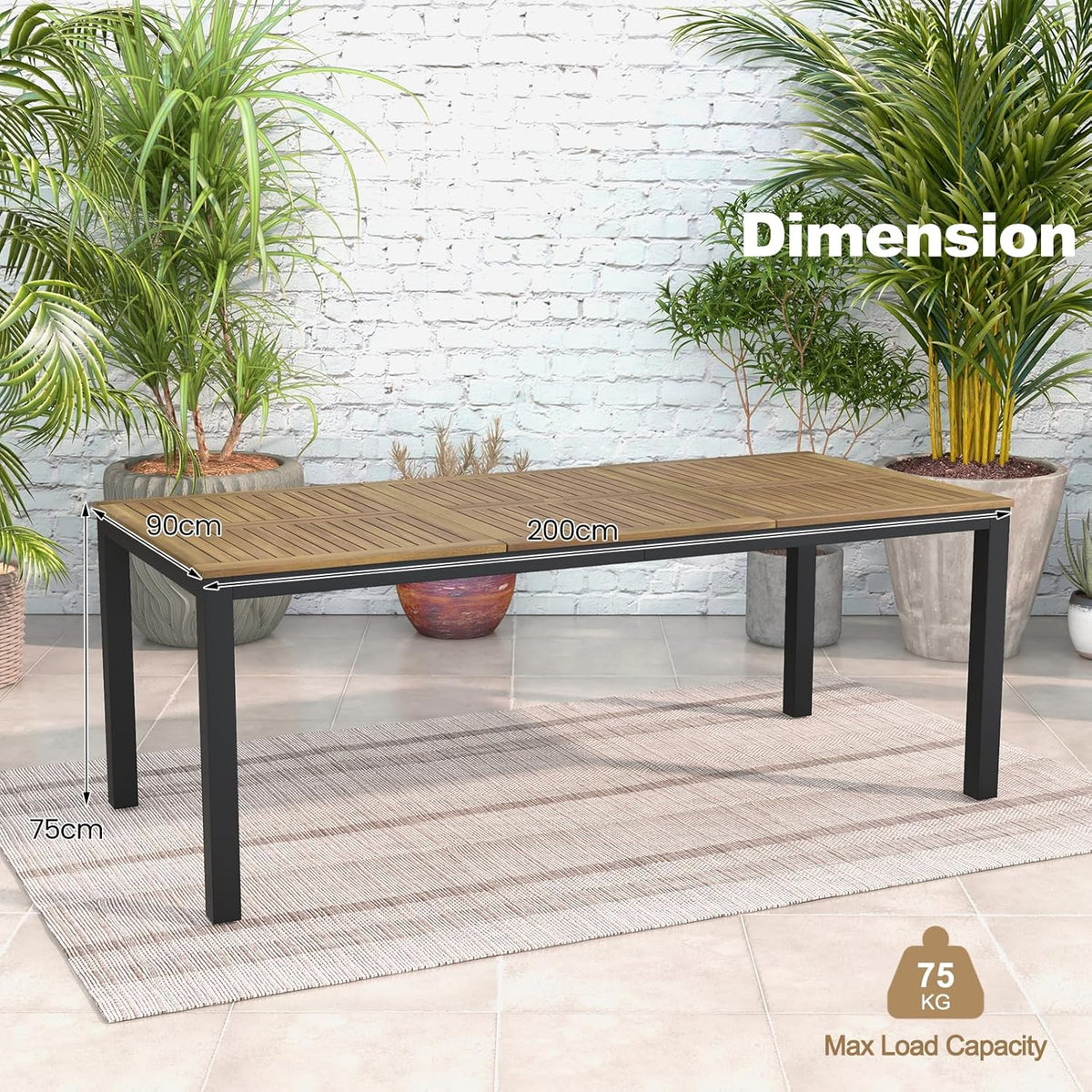 KOMFOTTEU Gartentisch mit Schirmloch, Esstisch aus Akazienholz, Holztisch für 8 Personen, Terrassentisch 200 x 90 x 75 cm, für Outdoor, Garten, Patio (Modell A)