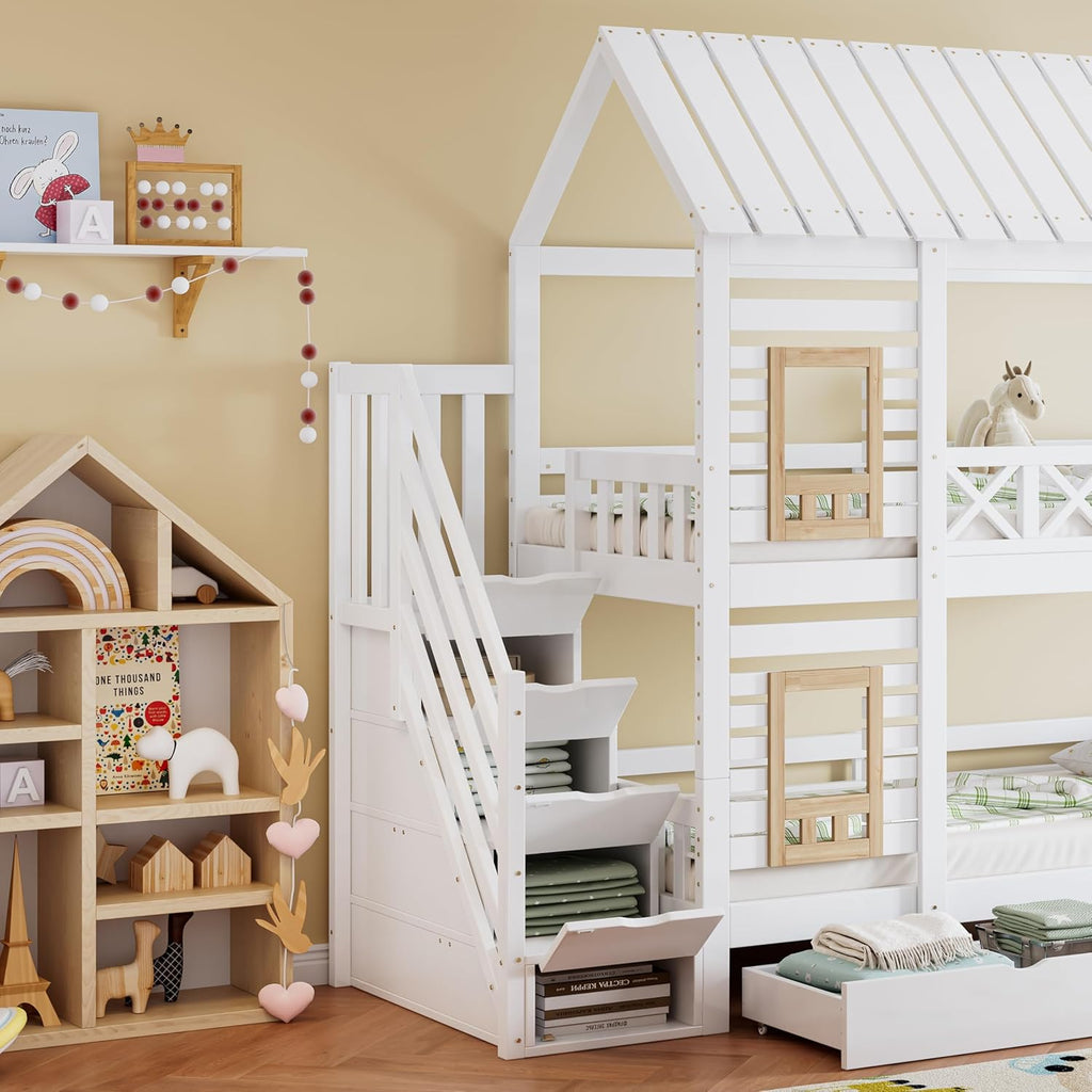 Kinderbett Etagenbett 90 x 200, Hausbett für 2 Kinder, Hochbett mit Lattenrost, Treppe mit 4 Ablagefächern, Rausfallschutz, Zwei Schubladen mit Rollen, Baumhaus Bett mit Fenster und Dach