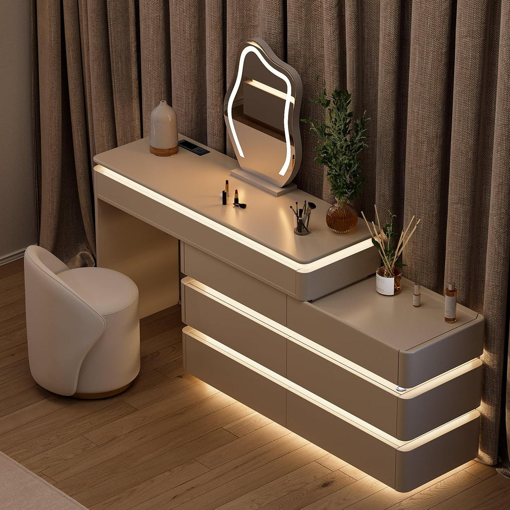Homary Schminktisch mit Beleuchtung, Modern Schminktisch mit Ausziehbarem Design, Dimmbarer LED-Beleuchtung und Integrierter Ladestation für Ihre Beauty-Tools