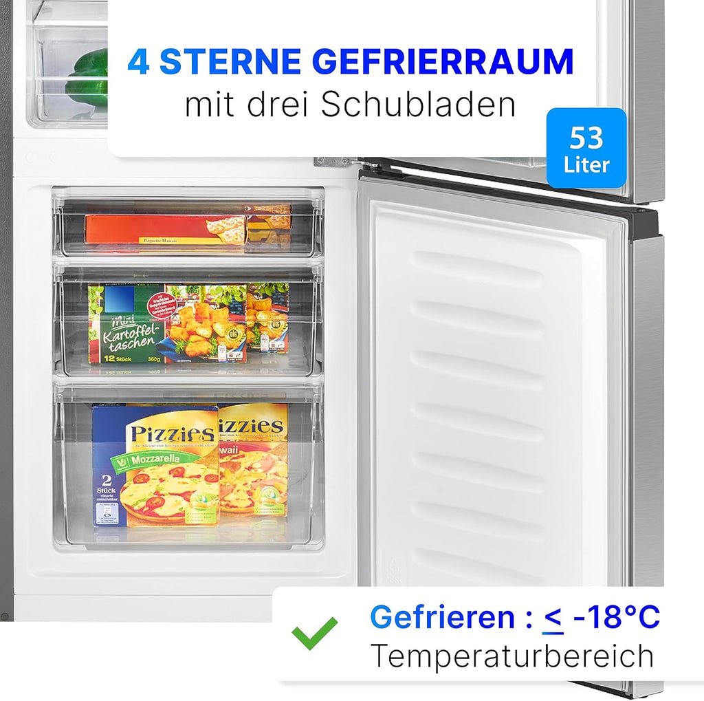 Bomann Fridge-Freezer KG 320.2, 143 cm High, Fridge-Freezer with 175 Litre Capacity, 3 Shelves and 3 Drawers, Door Stop Replaceable, Quiet Fridge-Freezer 39 dB, Black