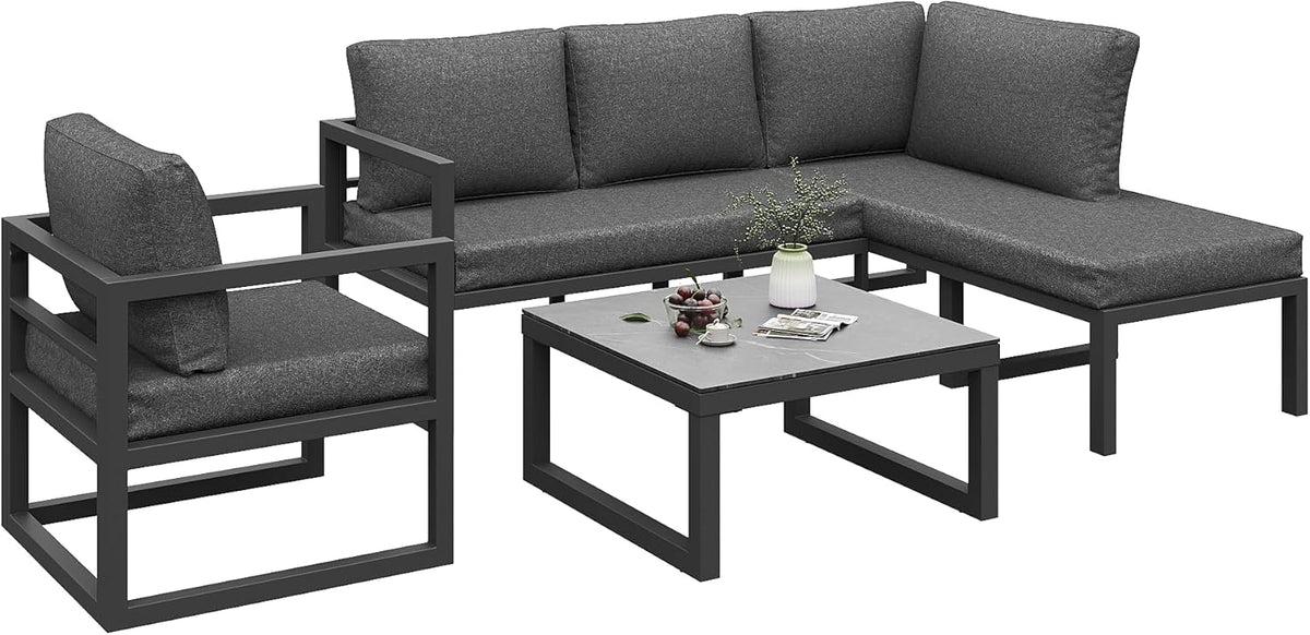 Kayan Gartenlounge Set für 4-5 Personen, Lounge Gartenmöbel Set mit Ecksofa, Sessel und Couchtisch, Balkonmöbel Wetterfest mit verzinktem Eisengestell und Kissen, verstellbare Füße, Grau