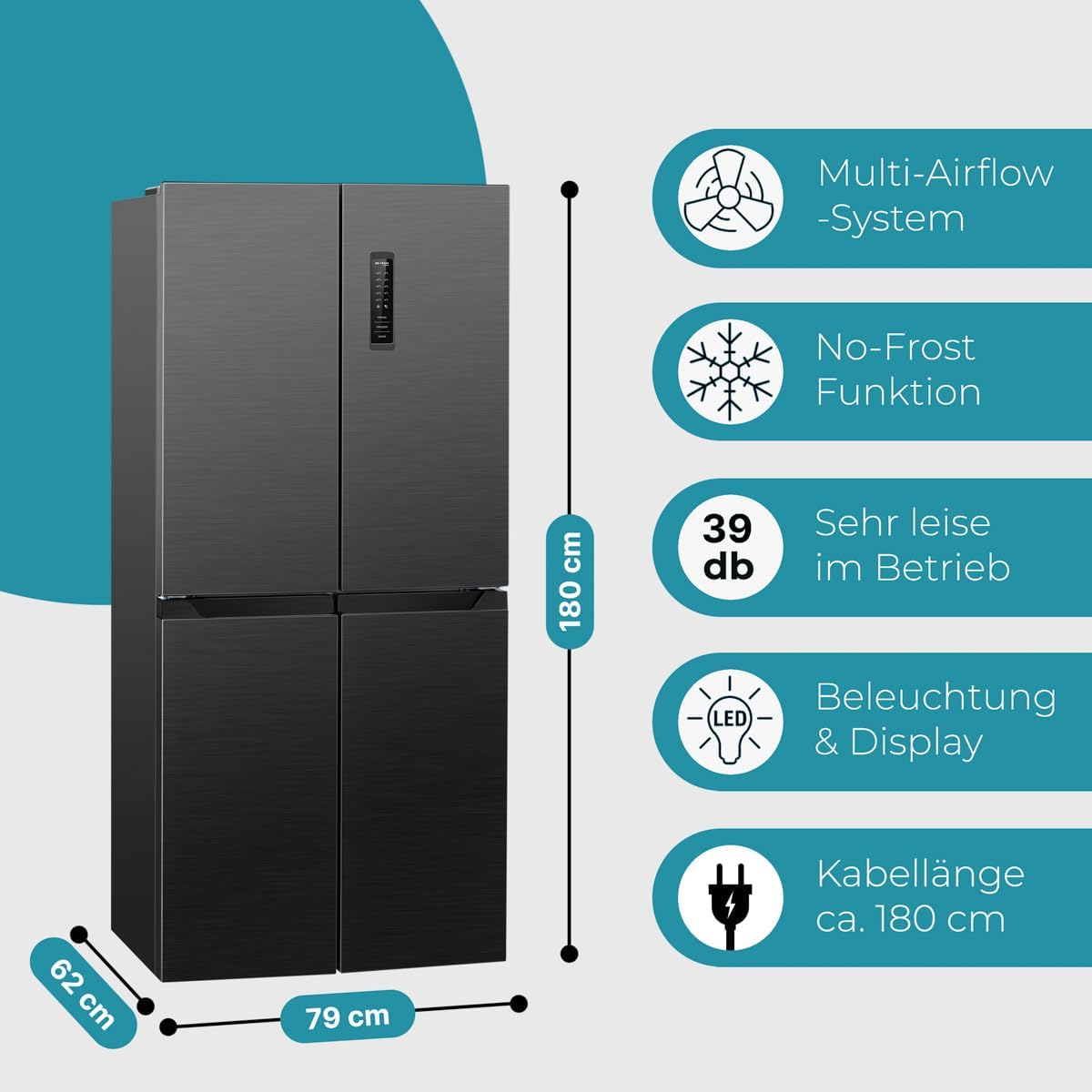 Bomann® French Door Kühlschrank No Frost | Kühl-Gefrier-Kombinationen mit Total No Frost | Kühlschrank mit Gefrierfach 362L | Side by Side Kühlschrank mit MultiAirflow-System | KG 7358 schwarz-inox