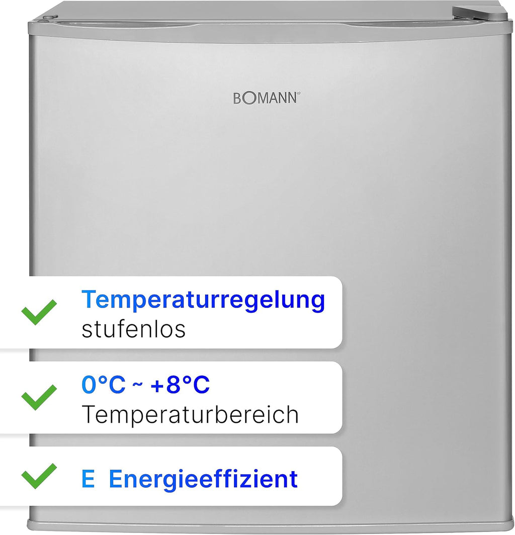 Bomann® Mini Kühlschrank 42 Liter | Getränkekühlschrank klein für Büro, Camping und Gaming | kleiner Kühlschrank leise 39 dB | Minibar mit wechselbarem Türanschlag | 51x45x45 cm | KB 7346 inox