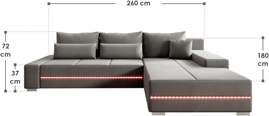 Juskys Sofa Davos Rechts mit Schlaffunktion - Ecksofa für Wohnzimmer mit Bettkasten & LED - Stoff Schlafsofa L Form Couch Beleuchtung - Hellgrau