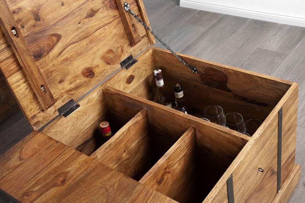 Invicta Interior riess-Ambiente Massiver Couchtisch Hausbar Bodega 100cm Sheesham Stone Finish Aufbewahrung Wohnzimmertisch Truhe Barschrank