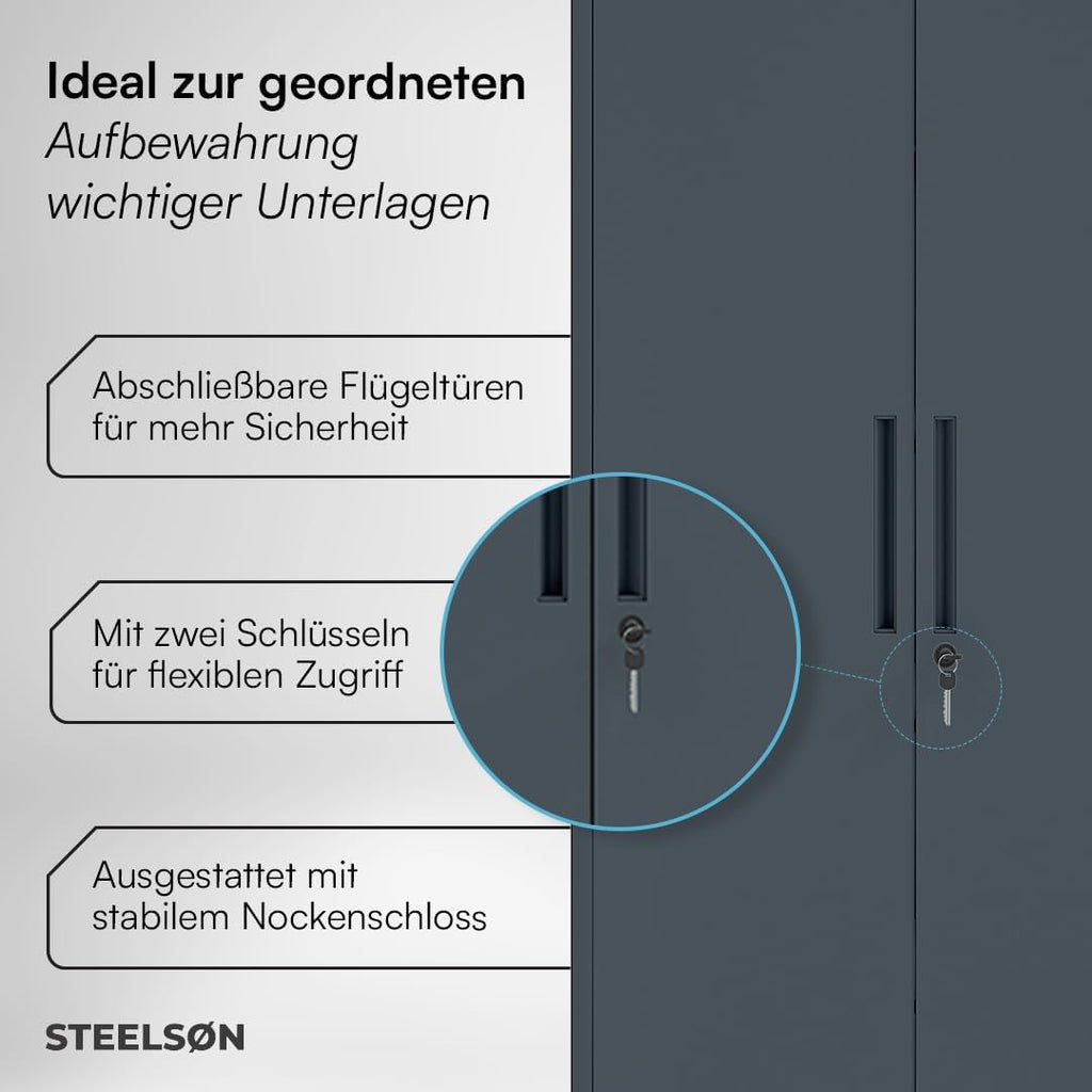 STEELSØN Regulus Metallschrank abschließbar – Garderobenschrank mit 6 Fächern und 1 Kleiderstange – Spind Schrank mit Doppeltüren – Mehrzweckschrank Anthrazit – Kleiderschrank Metall 175x40x80 cm