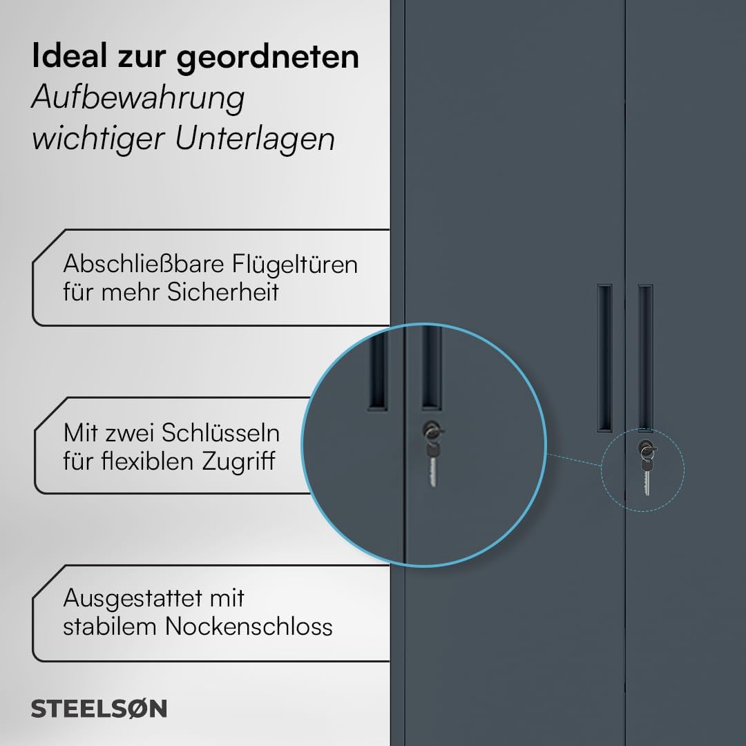 STEELSØN Regulus Metallschrank abschließbar – Garderobenschrank mit 6 Fächern und 1 Kleiderstange – Spind Schrank mit Doppeltüren – Mehrzweckschrank Anthrazit – Kleiderschrank Metall 175x40x80 cm
