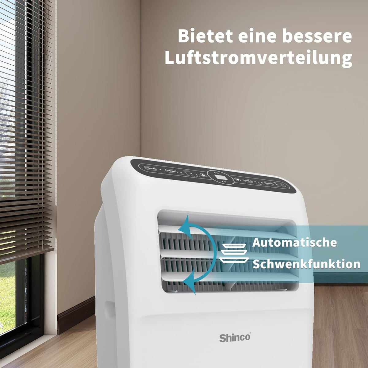 SHINCO Mobile Klimaanlage mit Abluftschlauch, 12000BTU, Kühlung&Heizung&Ventilieren&Entfeuchten, Mobiles Klimagerät mit Fenstermontage-Kit, 24H-Timer, APP, für Räume von etwa 90m³, Weiß