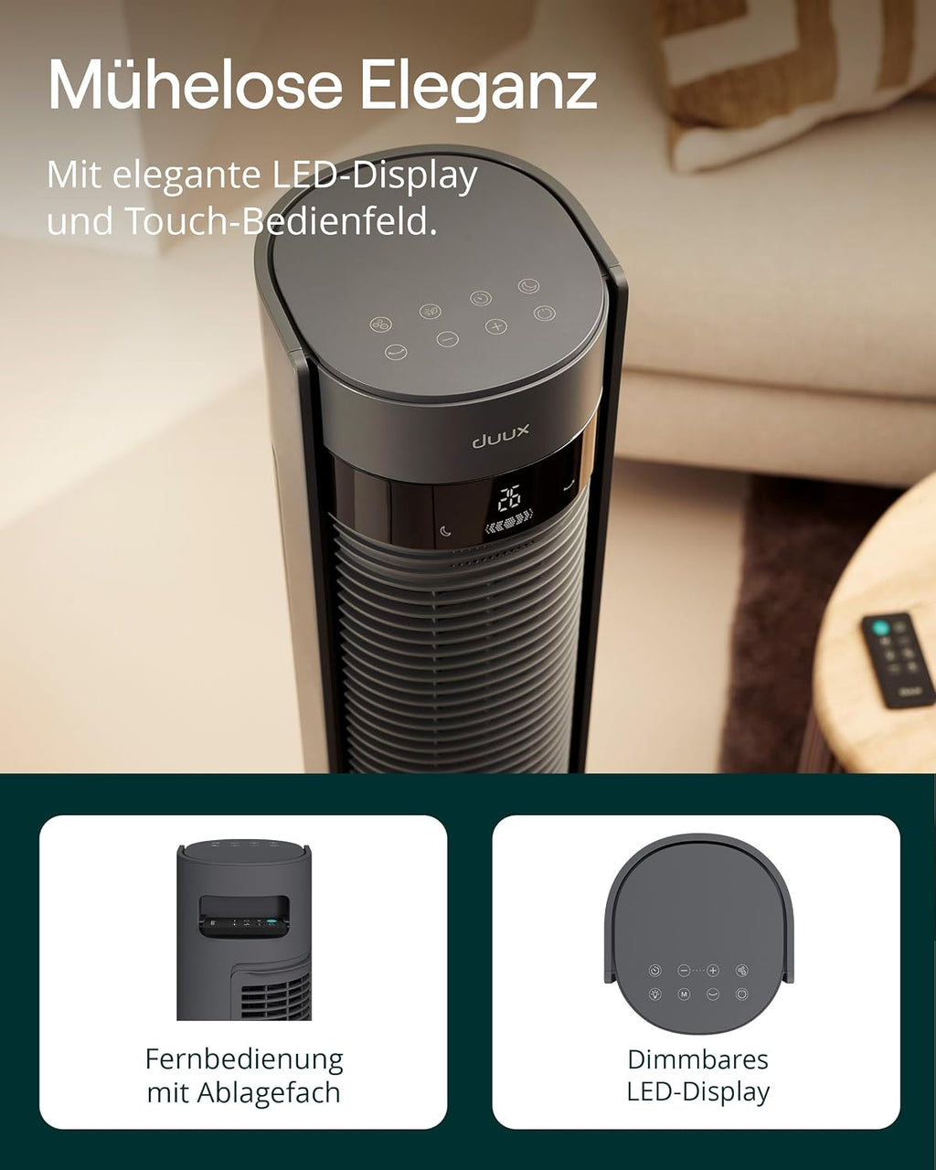 Duux Elevate Turmventilator – 12 Geschwindigkeiten, 80° Oszillation, Nur 25 dB, Ionisator, Timer (1–12h), Schlafmodus, Touch & Fernbedienung – Leiser & Smart Ventilator für Schlafzimmer/Büro - Grau