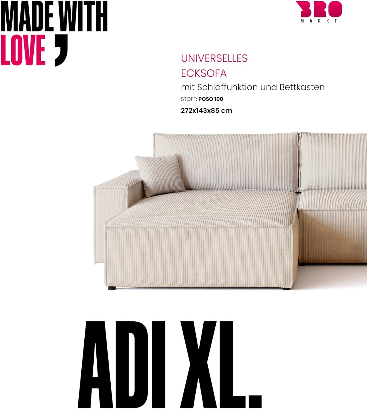 BROMARKT Sofa mit Schlaffunktion Couch L Cordstoff Sofa Bettkasten Schlafsofa für Wohnzimmer Ecksofa freistehend Adi XL Relaxsofa 3 sitzer 272x143x85 cm Vanilla