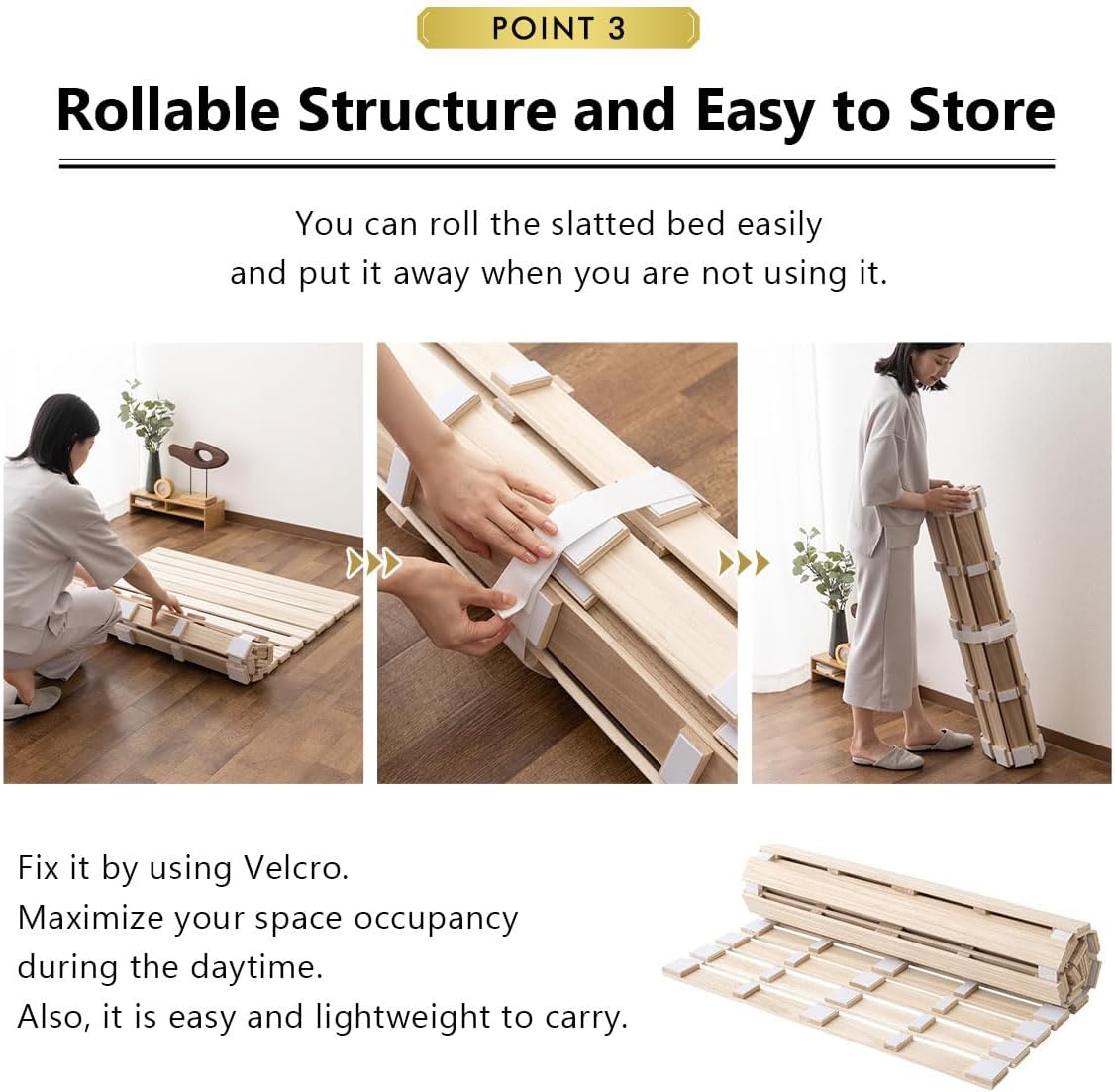 EMOOR Rolllatten Futonbett Einzel Größe (100 x 200 cm), Franco-ROLL für Japanische Boden-Futon-Matratze, Holz Paulownia Boden Unlackiert Natürlich Schlafbettwäsche Gäste Tatami-Matte