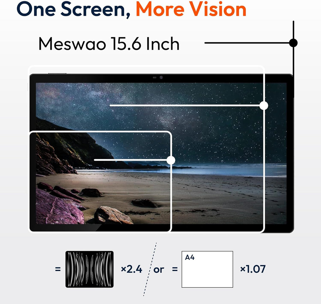 MESWAO 15,6 Zoll Tablet, MES-B3 Android 14 Großes Tablets mit IPS-Display, Helio G99 Octa-Core, 6GB RAM+128GB ROM(1TB TF) Tablett, 12000mah, BT5.0, 2.4G/5G WiFi, 32MP Kamera