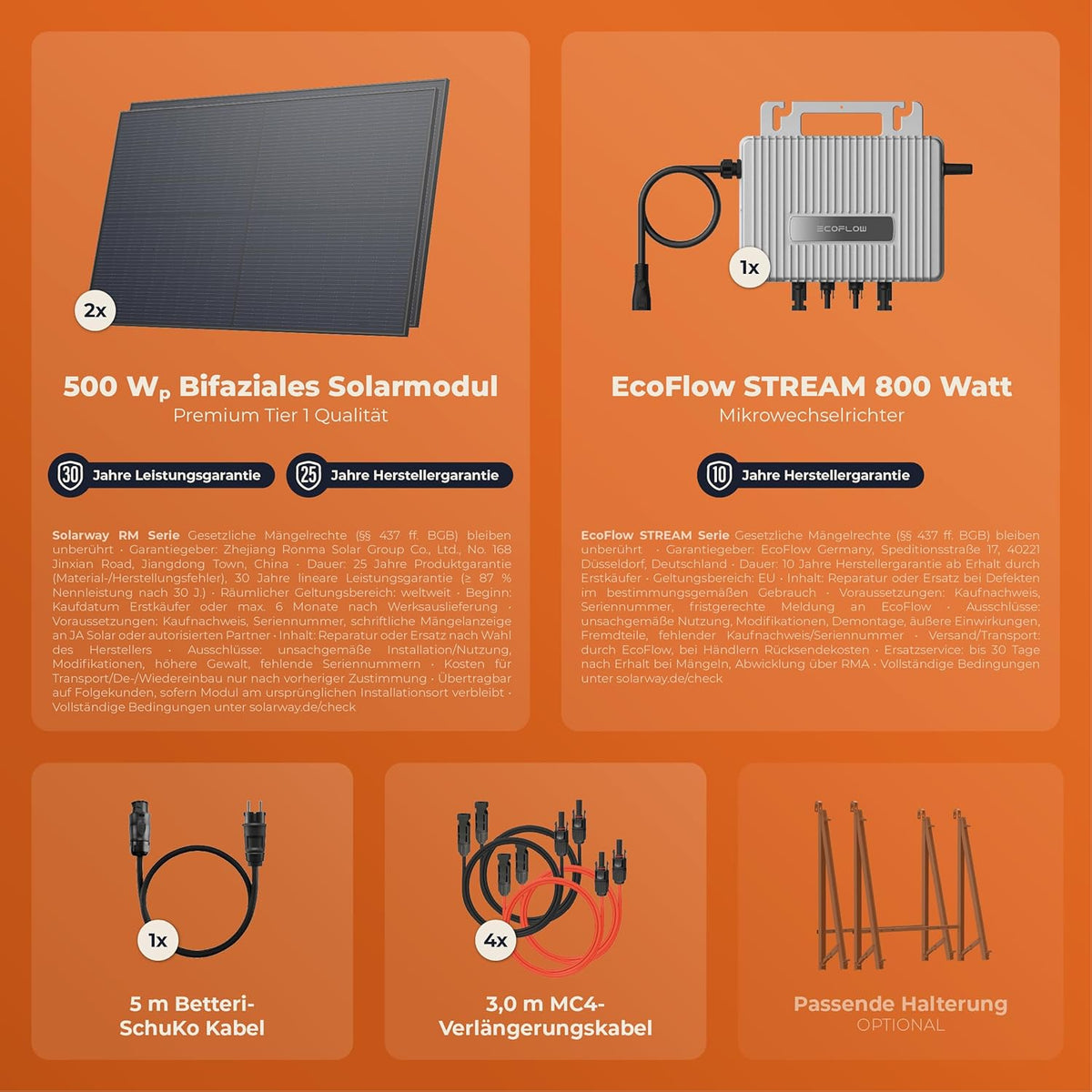 Solarway® 1000Wp / 800W Balkonkraftwerk komplett Steckdose - neuester EcoFlow Stream 800 Watt Wechselrichter - Solaranlage Komplettset - 500W bifaziale Black Solarmodule & EcoFlow & Zubehör