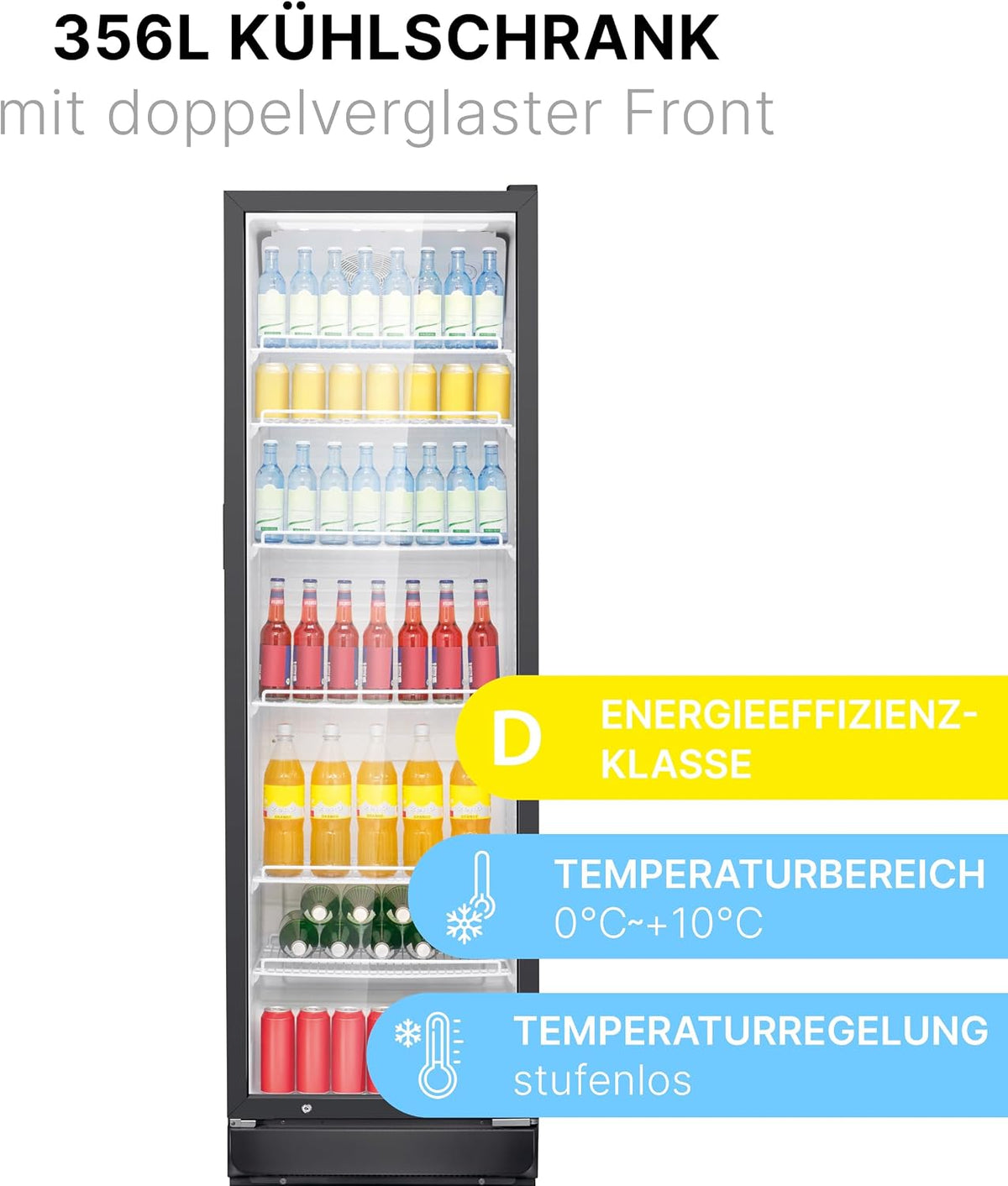 Bomann® Kühlschrank mit Glastür | Getränkekühlschrank abschließbar | 6 höhenverstellbare Ablagen | 30kg je Ablage | 347 Liter | Kühlschrank groß | Flaschenkühlschrank m. LED-Licht | KSG 7351 schwarz