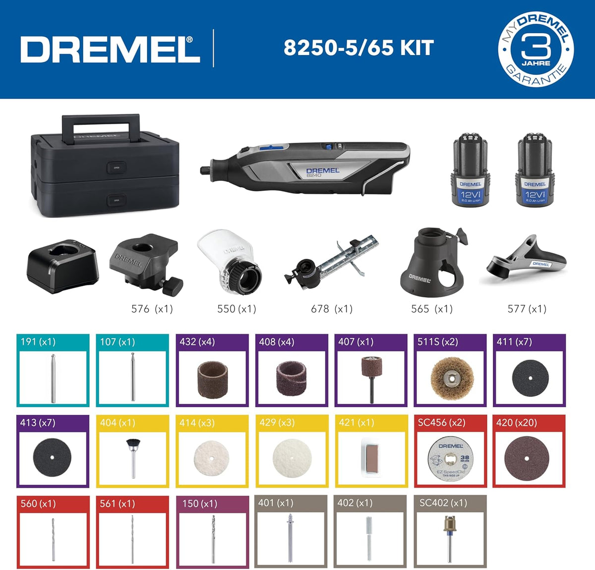 Dremel 8240 Akku-Multitool 12V 2Ah, Multifunktionswerkzeug Set mit 2 Akkus, 5 Auf-und Vorsätze, 1 Dremel BOX, 65 Zubehören zum Schneiden, Gravieren, Schleifen, Polieren, Schärfen, Bohren