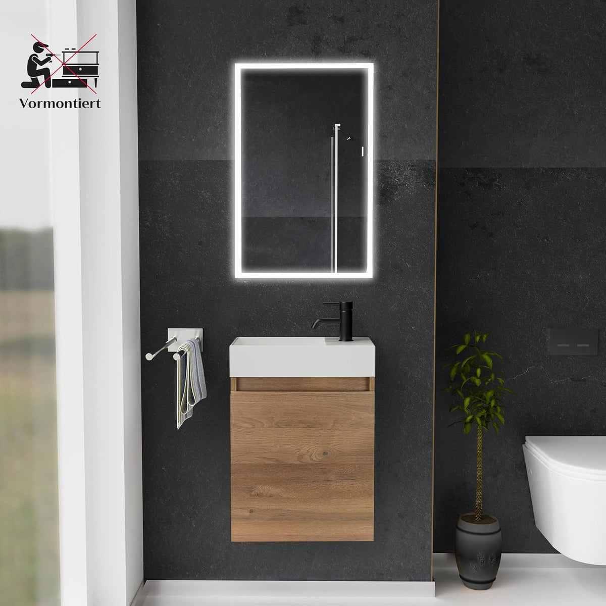 Alpenberger Waschbecken mit Unterschrank 45 cm | Badezimmermöbel Set | Kleines Waschbecken Gäste WC | Waschtisch Set | Unterschrank Bad Waschbeckenunterschrank Bamboo
