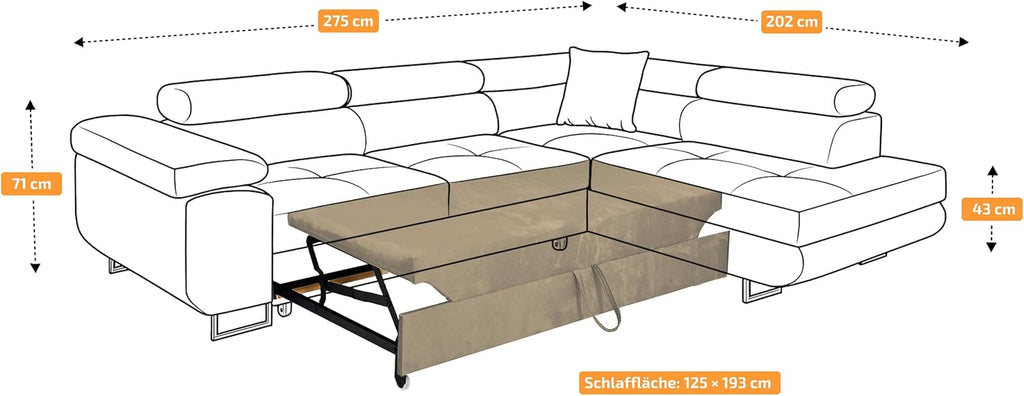 Ecksofa mit Schlaffunktion PASTI L-Form, Sofa Couch mit Bettkasten, 3-Sitzer Eckcouch, Schlafsofa für Wohnzimmer, Big Sofa Couch mit Schlaffunktion (Schwarz, Ottomane Rechts)