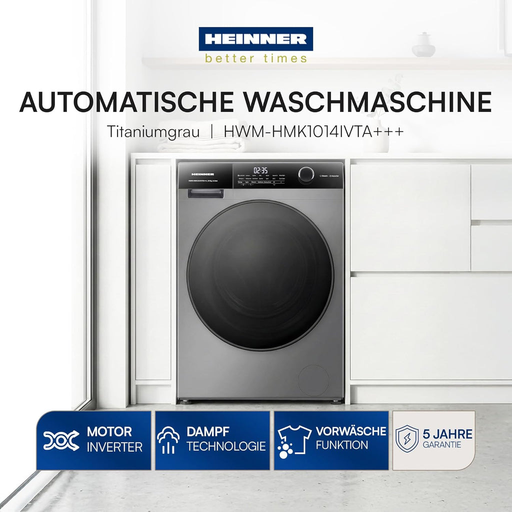 HWM-HMK1014IVTA+++ – Waschmaschine 10 kg, 1400 U/min, Inverter-Motor, 15 Programme, Touch-Display, Energieeffizienzklasse A, Grau Titan, 5 Jahre Garantie (Anthrazit, 10 KG)