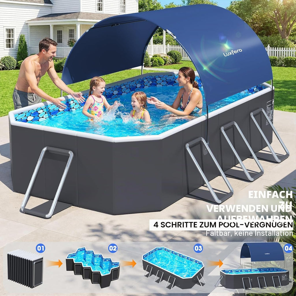 Luxfero Rectangular Frame Pool mit Dach, Faltbarer Aufstellpool Rechteckig, Verdickung Schwimmbecken mit Schatten, Schnelle Installation Gartenpool, Faltbarer Außen-Swimmingpool, 228 x 127 x 50 cm