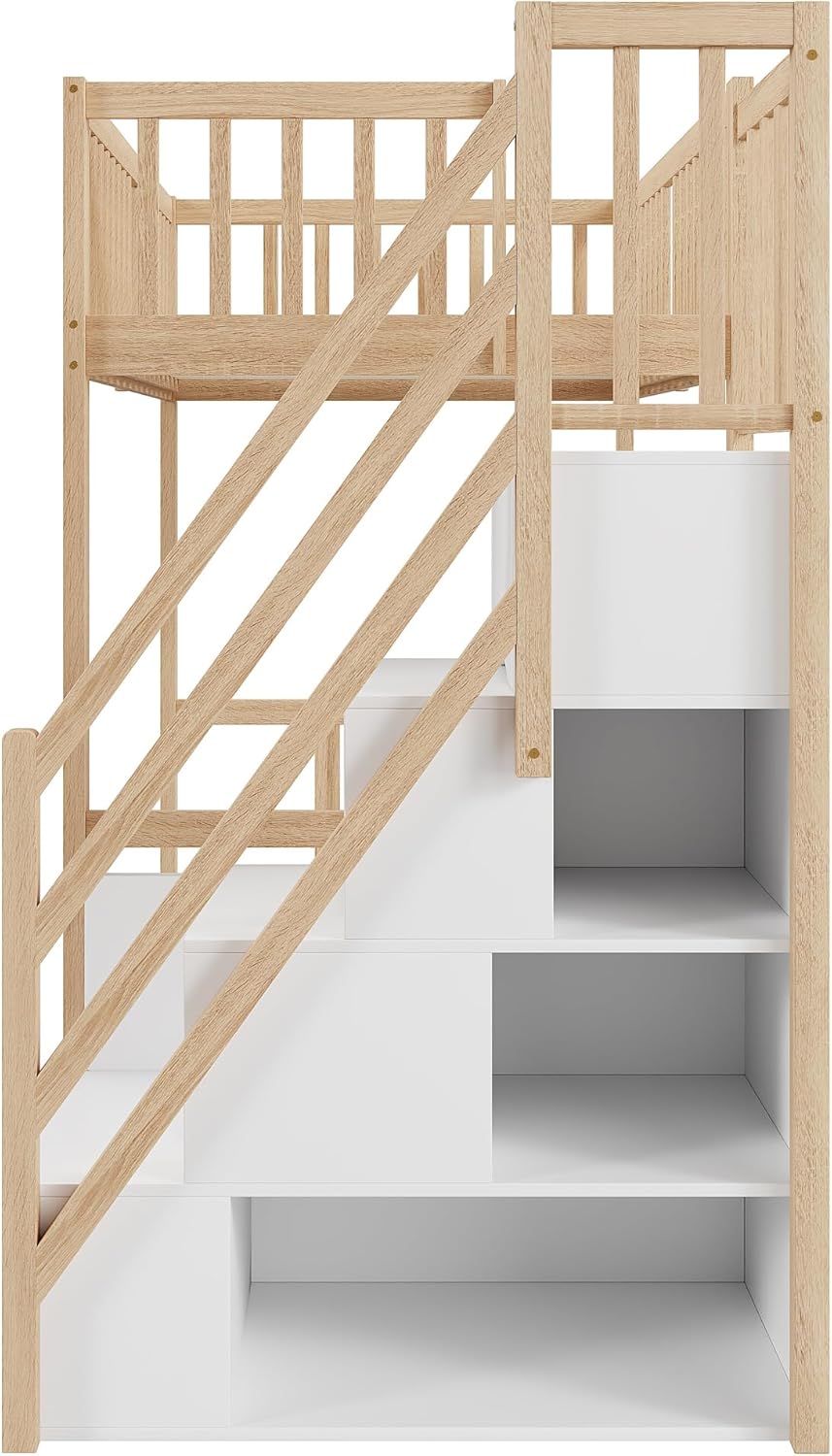 Moimhear Hochbett 90x200cm mit Sicherheits-Aufbewahrungsleiter, Bettgestell aus massivem Kiefernholz für Kinder und Jugendliche (Holzfarbe + Weiß)