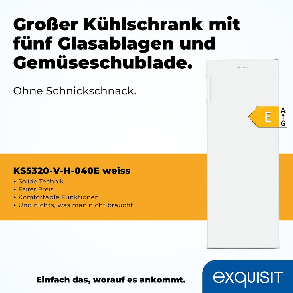 Exquisit Kühlschrank ohne Gefrierfach, Großer Kühlschrank, 5 Ablagen, 242 Liter, Vollraumkühlschrank 143 cm hoch, KS5320-V-H-040E weiss