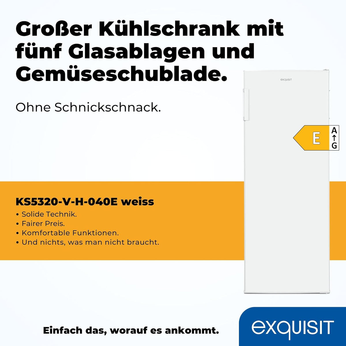 Exquisit Kühlschrank ohne Gefrierfach, Großer Kühlschrank, 5 Ablagen, 242 Liter, Vollraumkühlschrank 143 cm hoch, KS5320-V-H-040E weiss