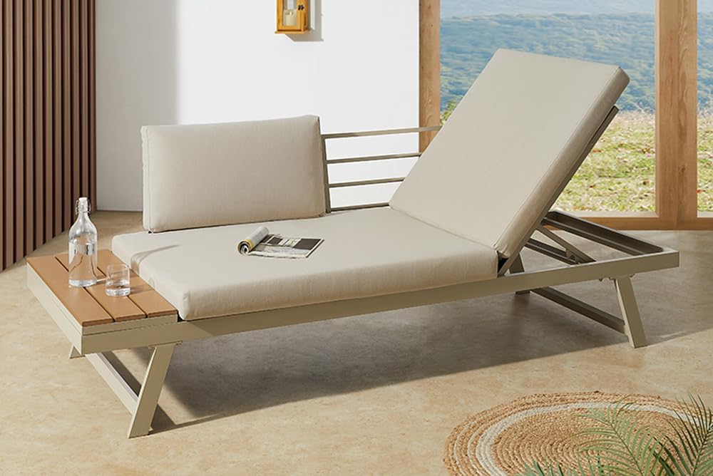 Riess Ambiente Verstellbare Gartenlounge MODULAR Miami - 230cm - Champagner Greige - WPC Aluminium - Gartensofa Gartenliege mit Ablage