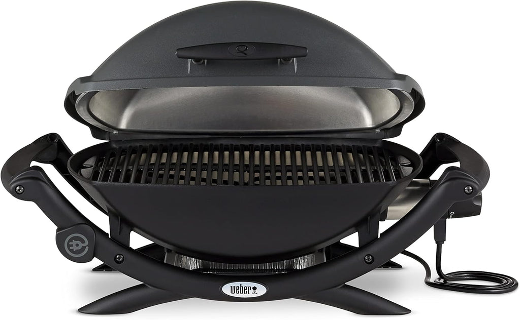 Weber Q2400 Elekrogrill mit Seitentischen, 54 x 39cm Grillfäche, portable, 2-geteilter porzellanemaillierter Guss-Grillrost, Aluminiumguss Deckel & Gehäuse - Dark Grey (55020079)