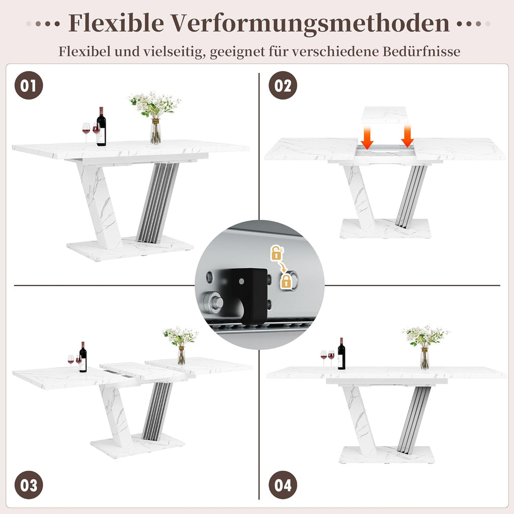 Kebnor Ausziehtisch 120-160x80x76 cm - Küchentisch mit ausziehbarem Blatt und Schmetterlings-Gestell für Küche & Wohnzimmer (Weiß)