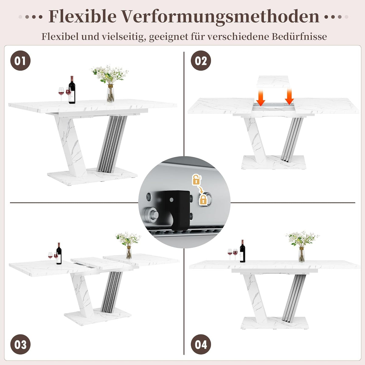 Kebnor Ausziehtisch 120-160x80x76 cm - Küchentisch mit ausziehbarem Blatt und Schmetterlings-Gestell für Küche & Wohnzimmer (Weiß)
