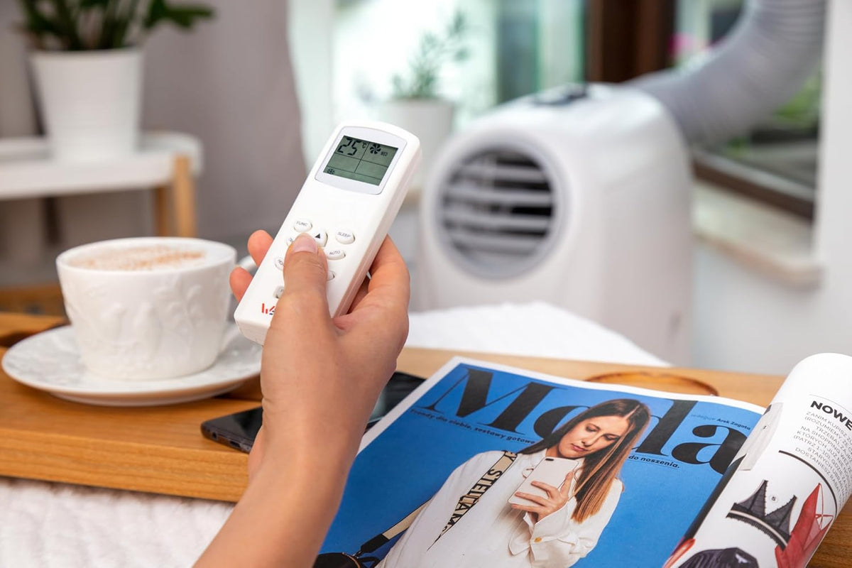 Welltec ACH1414 Mobile Klimaanlage | 4in1 Klimagerät: Kühlung, Heizung, Entfeuchtung, Belüftung | 14.000 BTU | max. 75 m² | WiFi | reichhaltiges Zubehörset | Energieklasse A | 5 Jahre Garantie