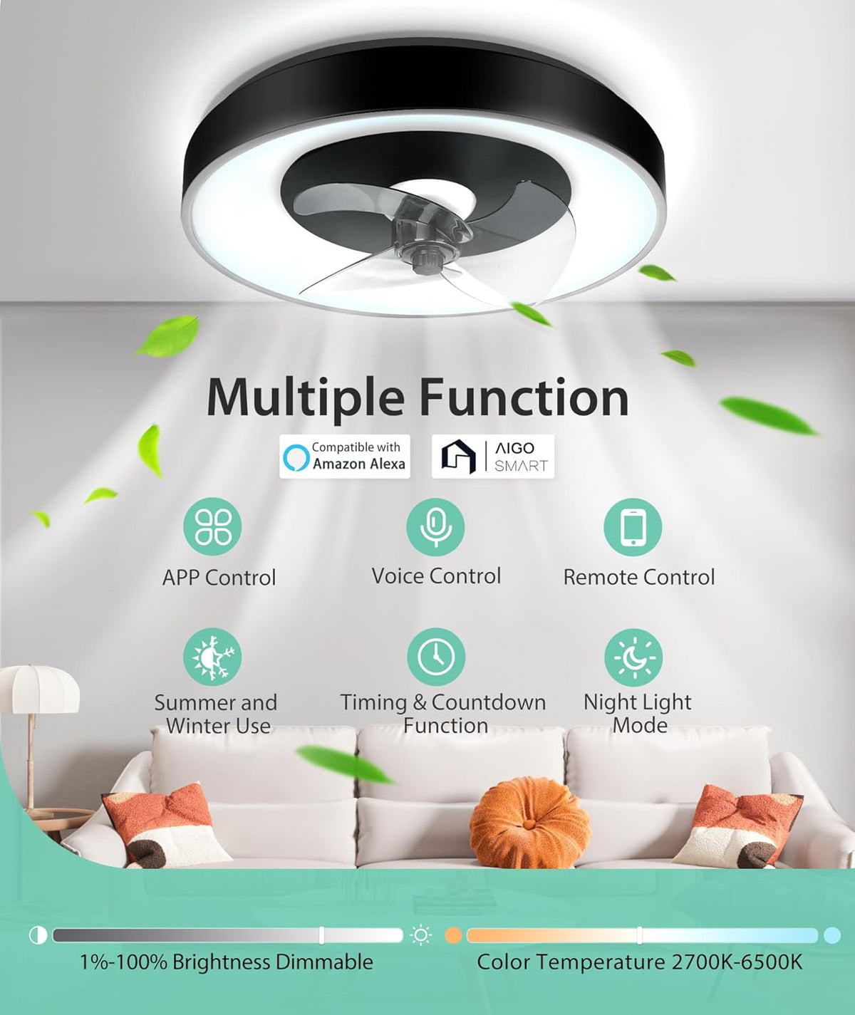 Aigostar Deckenventilator mit Beleuchtung Alexa, LED 40W, 4400LM, 2700K-6500K Dimmbar, 6 Geschwindigkeiten,φ50CM - Smart Deckenventilator mit Fernbedienung und Gateway, für Schlafzimmer, 2er-set