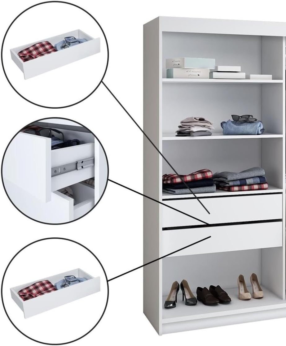 A&J MöbelLand Schwebetürenschrank ULMI Kleiderschrank 200 cm mit Spiegel und Schubladen, moderner Schlafzimmerschrank mit Schiebetüren (Weiß)