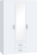 Forte TELANE Kleiderschrank 130, moderner Drehtürenschrank, 3-türig, 2 Schubladen, Spiegel, Schlafzimmer, Holzwerkstoff, Weiß, 131,1 cm breit x 195 cm hoch x 54,2 cm tief
