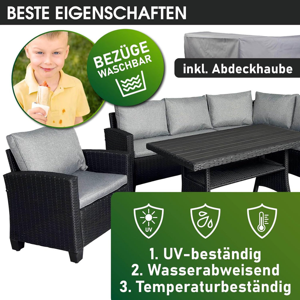 BRAST® Gartenmöbel Set Hacienda | bis zu 10 Personen viele Farben | inkl. Kissen & Abdeckung | TÜV geprüft | Outdoor Loungemöbel Sitzgruppe Essgruppe Garnitur | Schwarz/Grau